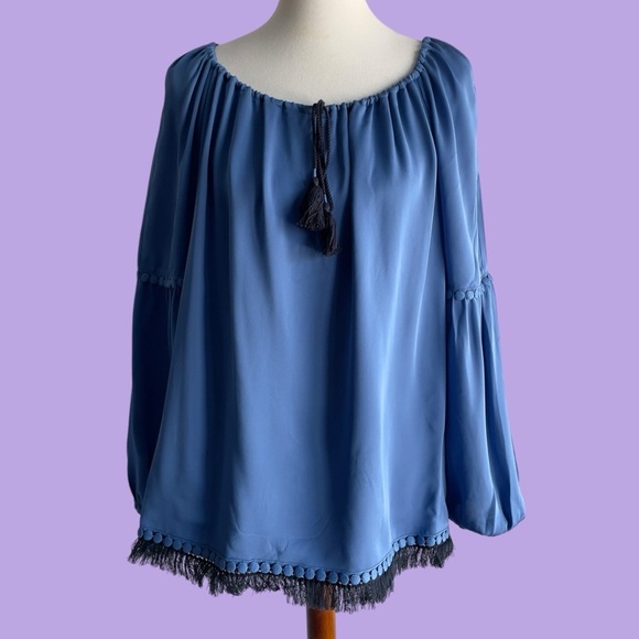 Tory Burch blue silk long sleeve fringe Slyvie blouse peasant top medium - Picture 15 of 16